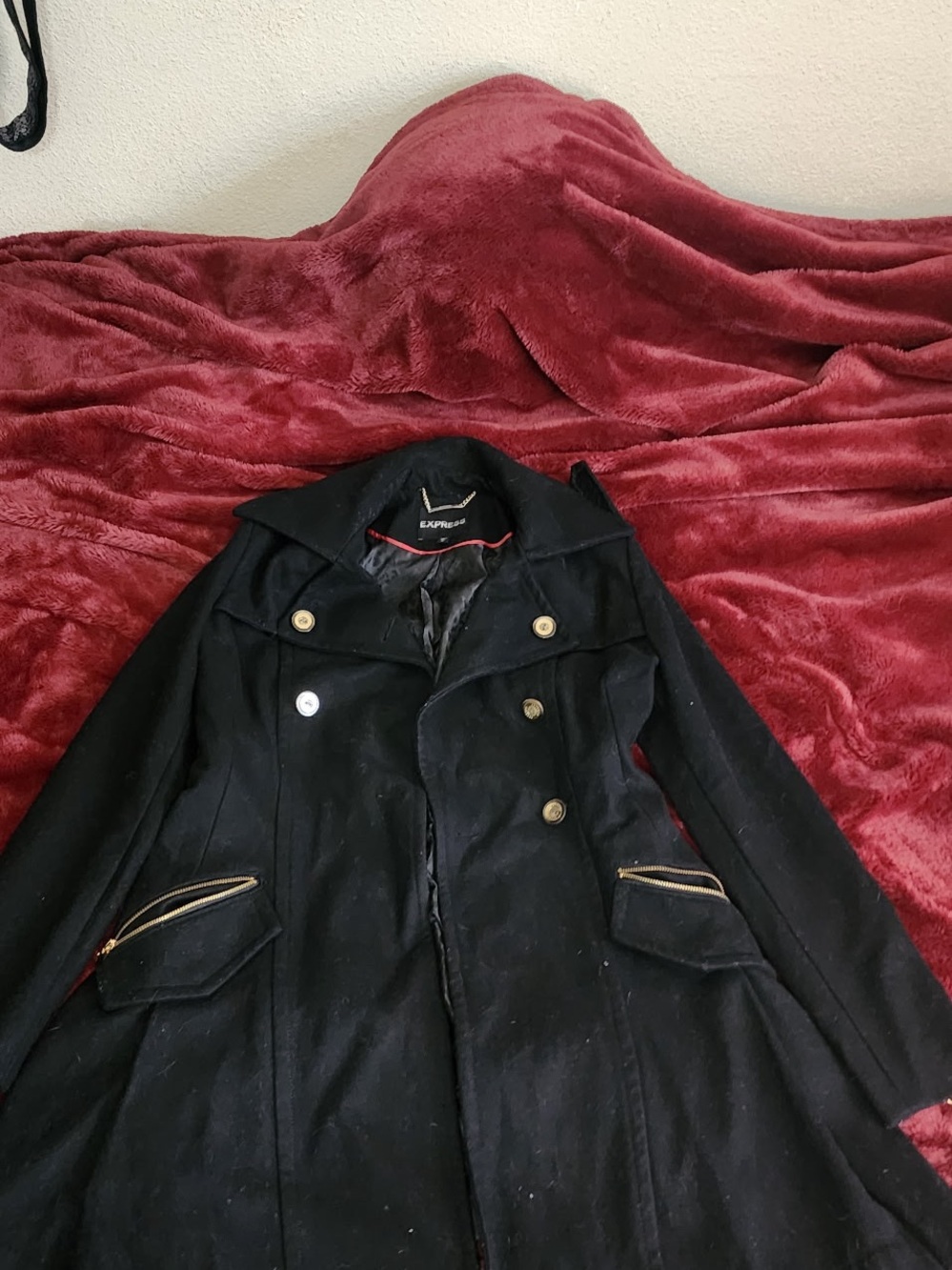 Express Black Double-Breasted Pea Coat with Gold Buttons